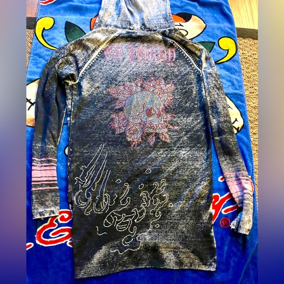 Ed Hardy Tops - Ed Hardy Christian Audigier hooded pullover burnout acidwash hoodie sweater Y2k